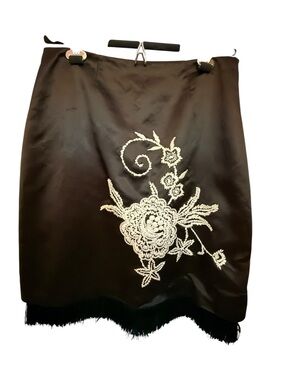 Black MICA Embroidered Floral Pencil Skirt with fringe